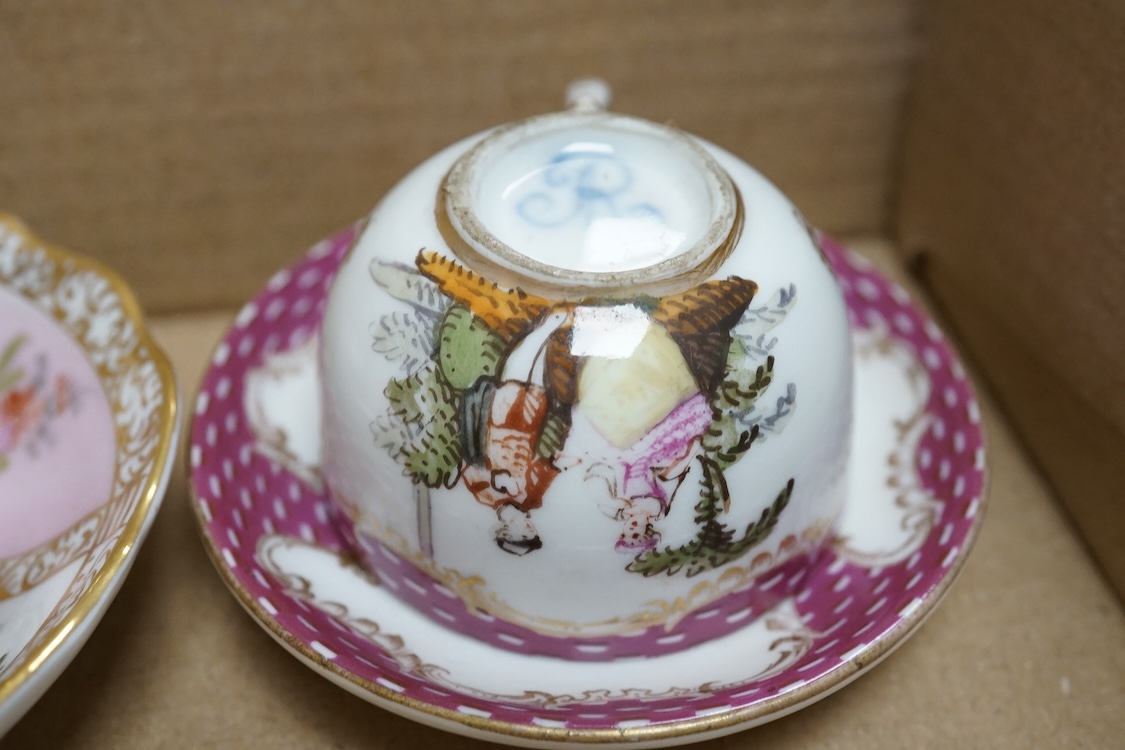 A group of 19th/20th century German porcelain, comprising a Nymphenburg pug, seven Dresden miniature cups and saucers and a Meissen bottle, largest 13cm high
